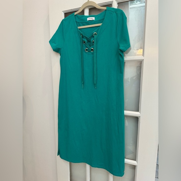 Calvin Klein Teal Lace-Up Shift Dress Stretchy Pullover Style Women’s Size Large - Picture 5 of 12